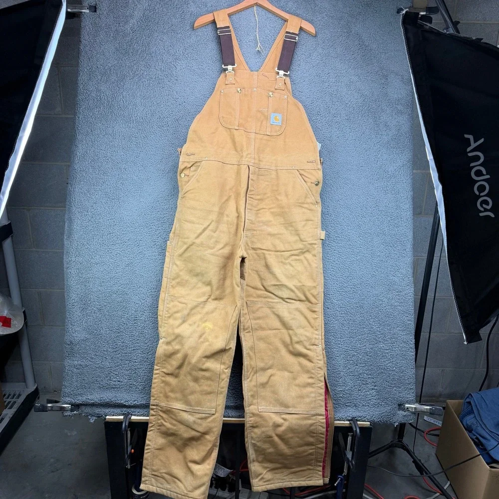 Carhartt R02 BRN Duck Bib Overalls Brown Quilt Lined Double Knee 42x34 Mens